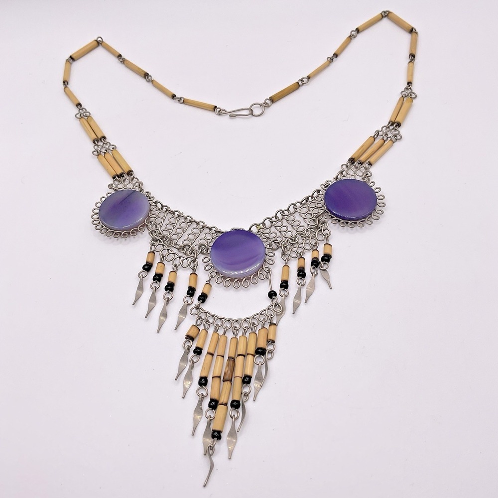 Vintage Boho Tribal Style Necklace Silver Tone Bamboo Bead Bib Statement 19"